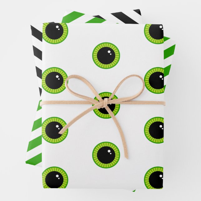 Cute Funny Green Eyes and Stripes Wrapping Paper Sheet (In situ)