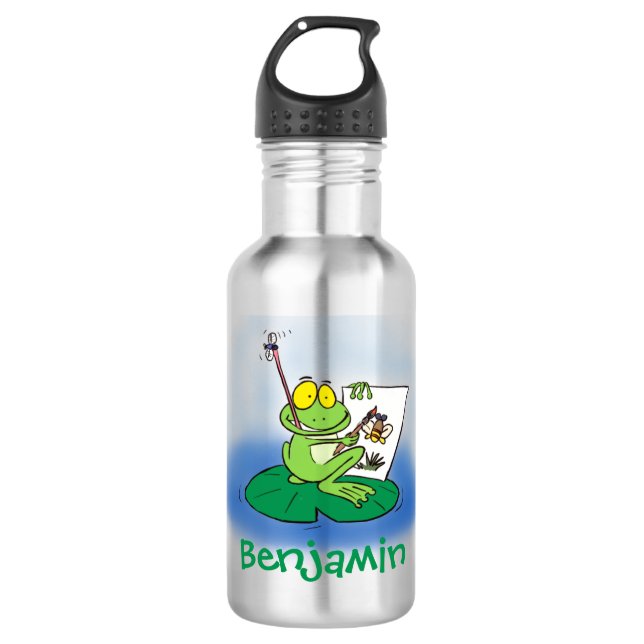 Cute funny green frog cartoon illustration 532 ml water bottle (Front)