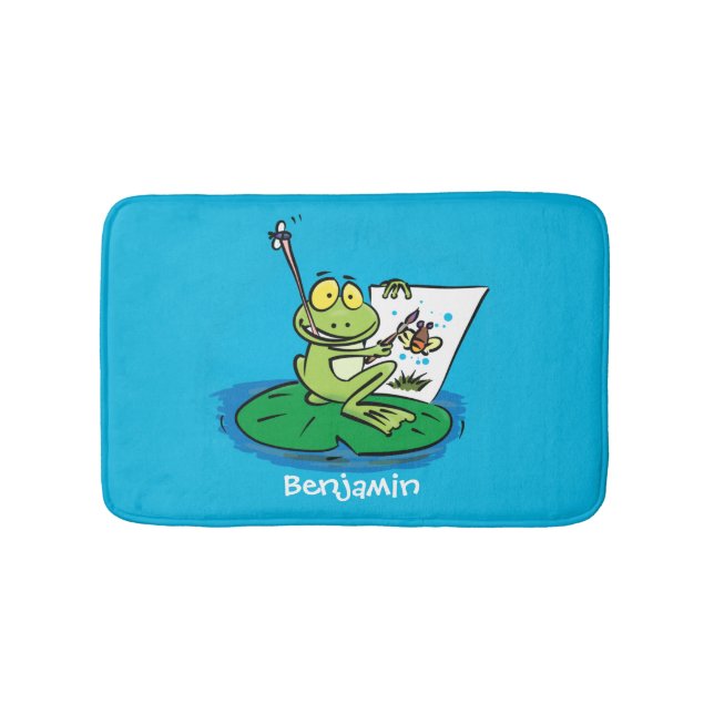 Cute funny green frog cartoon illustration  bath mat (Front)
