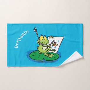 Cute funny green frog cartoon illustration  bath towel set