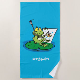 Cute funny green frog cartoon illustration  beach towel