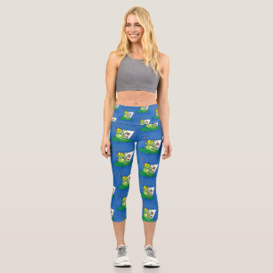 Cute funny green frog cartoon illustration capri leggings