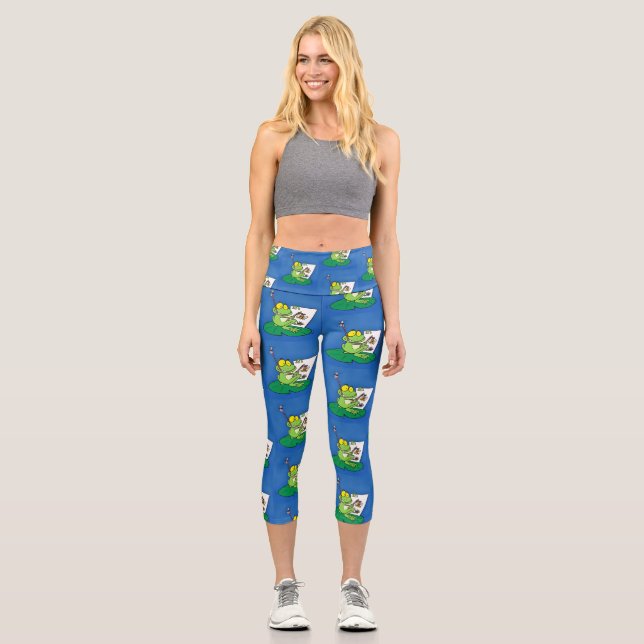 Cute funny green frog cartoon illustration capri leggings (Front)