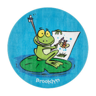 Cute funny green frog cartoon illustration cutting board