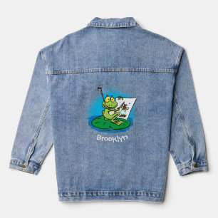 Cute funny green frog cartoon illustration denim jacket