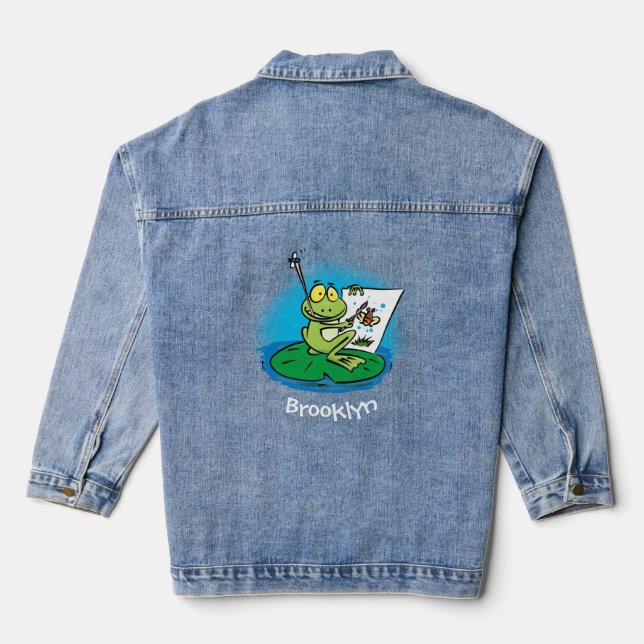 Cute funny green frog cartoon illustration denim jacket (Back)