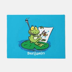 Cute funny green frog cartoon illustration  doormat