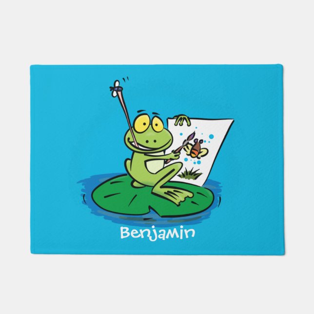 Cute funny green frog cartoon illustration  doormat (Front)