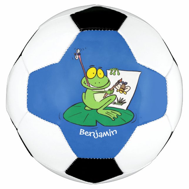 Cute funny green frog cartoon illustration football (Front)