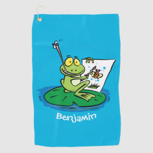 Cute funny green frog cartoon illustration golf towel