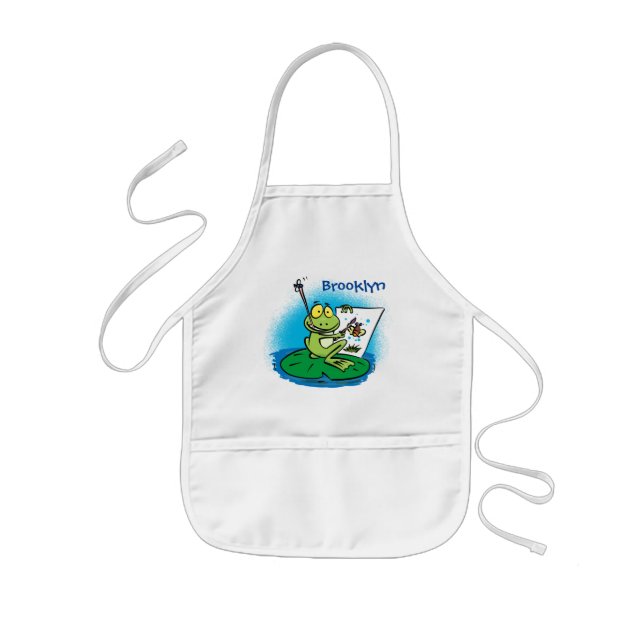 Cute funny green frog cartoon illustration kids' a kids apron (Front)