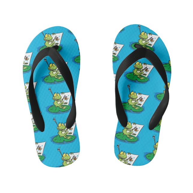Cute funny green frog cartoon illustration kid's flip flops (Footbed)