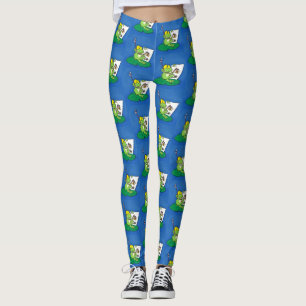 Cute funny green frog cartoon illustration leggings