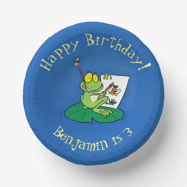 Cute funny green frog cartoon illustration paper plate (Front)