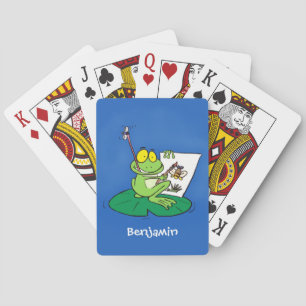 Cute funny green frog cartoon illustration playing cards