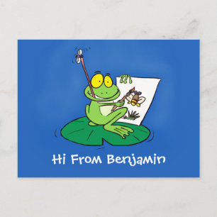 Cute funny green frog cartoon illustration postcard