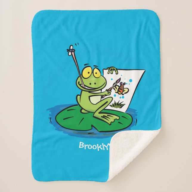 Cute funny green frog cartoon illustration  sherpa blanket (Front)