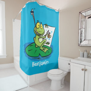 Cute funny green frog cartoon illustration  shower curtain