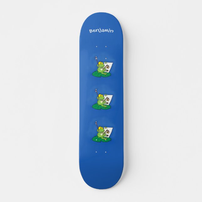 Cute funny green frog cartoon illustration skateboard (Front)