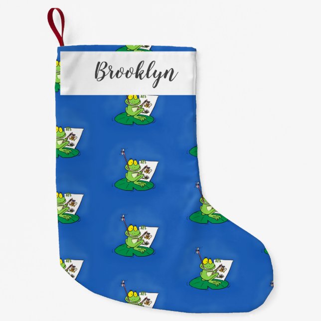 Cute funny green frog cartoon illustration small christmas stocking (Front)