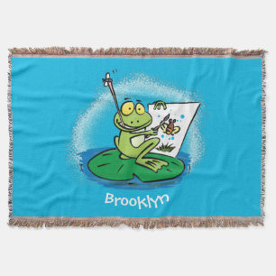 Cute funny green frog cartoon illustration throw blanket