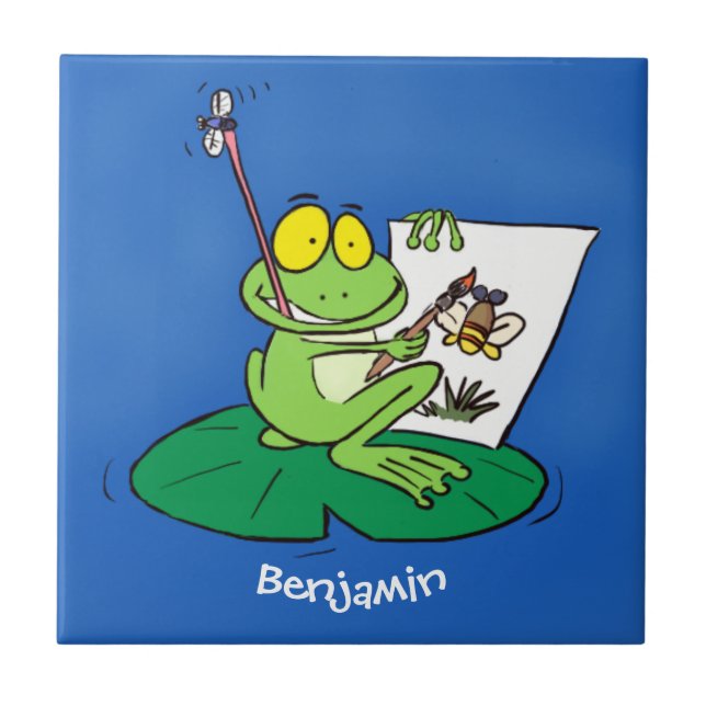Cute funny green frog cartoon illustration tile (Front)
