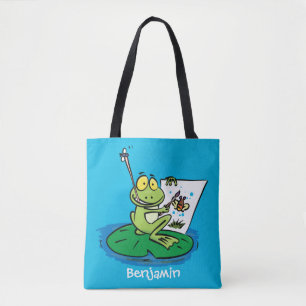 Cute funny green frog cartoon illustration  tote bag
