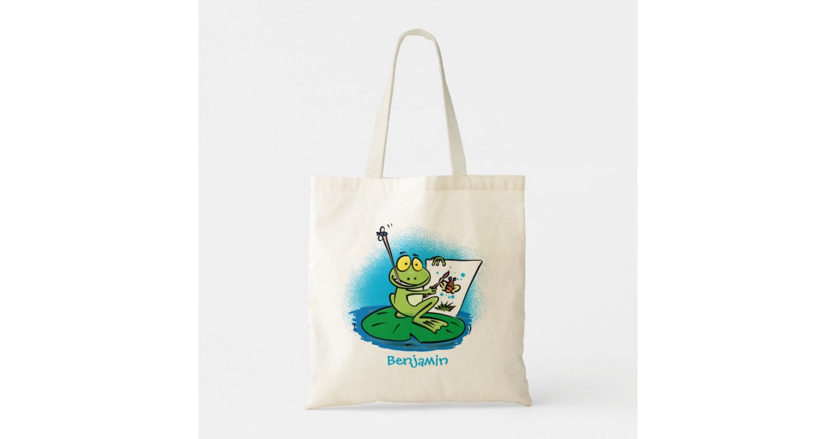 Cute funny green frog cartoon illustration tote bag | Zazzle