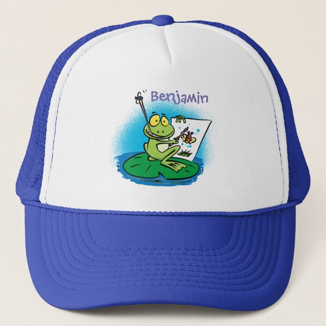 Cute funny green frog cartoon illustration trucker trucker hat (Front)