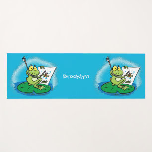 Cute funny green frog cartoon illustration yoga mat