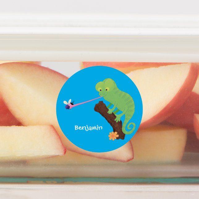 Cute funny green happy chameleon lizard cartoon (Affixed)