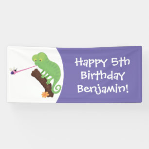 Cute funny green happy chameleon lizard cartoon banner