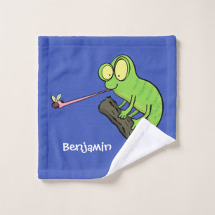 Cute funny green happy chameleon lizard cartoon bath towel set