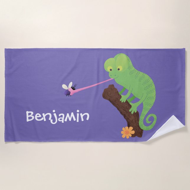 Cute funny green happy chameleon lizard cartoon beach towel (Front)