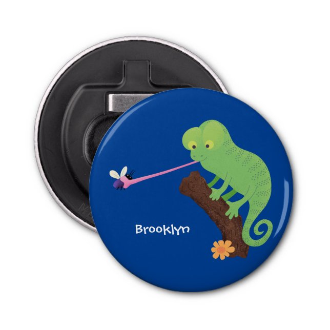 Cute funny green happy chameleon lizard cartoon bottle opener (Front)
