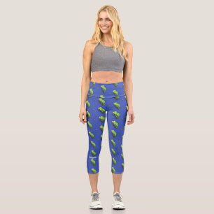 Cute funny green happy chameleon lizard cartoon capri leggings