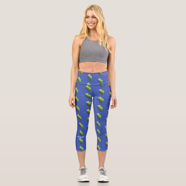 Cute funny green happy chameleon lizard cartoon capri leggings (Front)