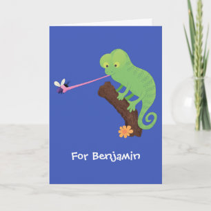 Cute funny green happy chameleon lizard cartoon card
