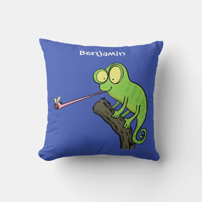 Cute funny green happy chameleon lizard cartoon cushion (Front)