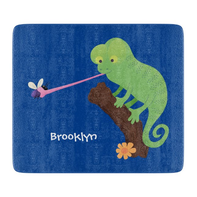 Cute funny green happy chameleon lizard cartoon cutting board (Front)