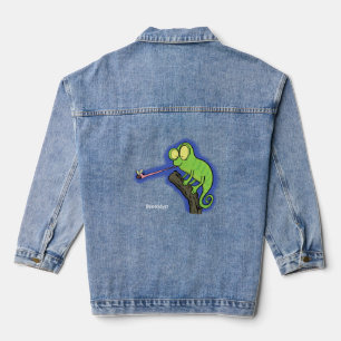 Cute funny green happy chameleon lizard cartoon denim jacket