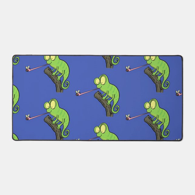 Cute funny green happy chameleon lizard cartoon desk mat (Front)