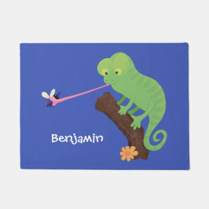 Cute funny green happy chameleon lizard cartoon doormat