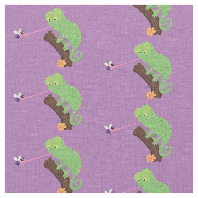 Cute funny green happy chameleon lizard cartoon fabric (Close Up)