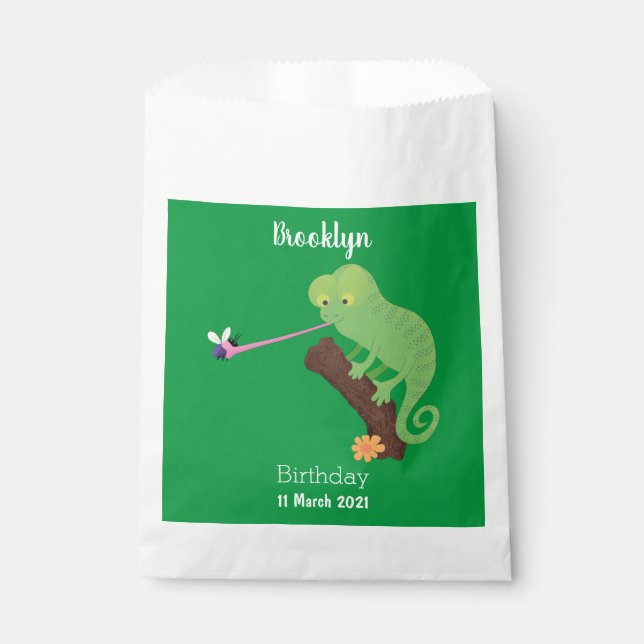 Cute funny green happy chameleon lizard cartoon favour bags (Front)