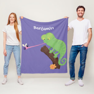 Cute funny green happy chameleon lizard cartoon fleece blanket