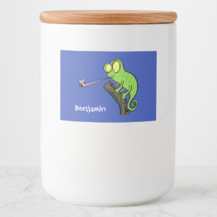 Cute funny green happy chameleon lizard cartoon food label