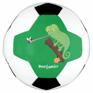 Cute funny green happy chameleon lizard cartoon football