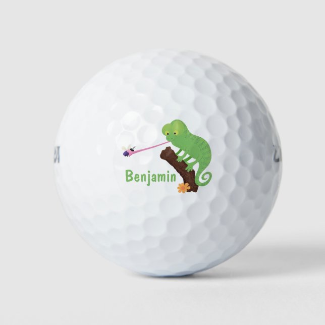 Cute funny green happy chameleon lizard cartoon golf balls (Front)