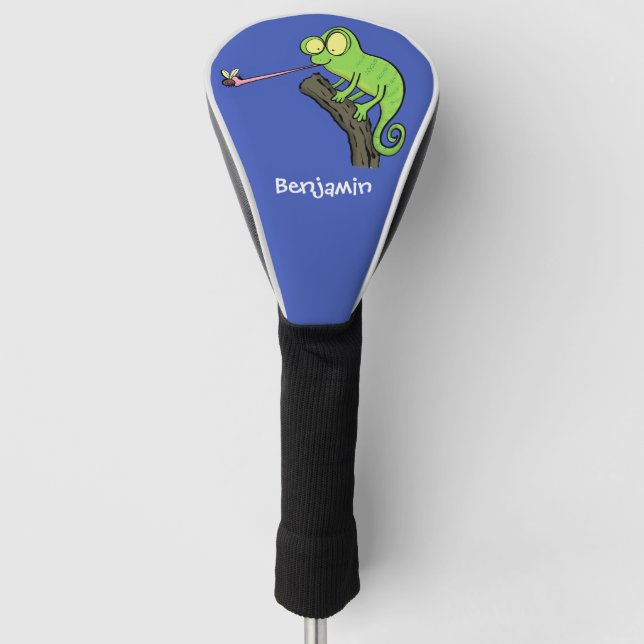 Cute funny green happy chameleon lizard cartoon golf head cover (Front)